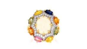 Opal and 2.50 ct. t.w. Multicolored Sapphire Ring with .40 ct. t.w. White Zircon in 18kt Gold Over Sterling