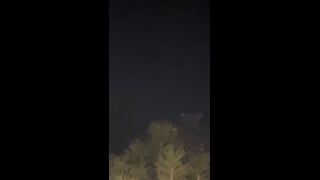 Night sky above illuminated trees in Big Bear Lake.