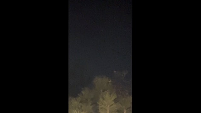Night sky above illuminated trees in Big Bear Lake.