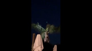 A blue-green point of light above a palm tree and patio umbrella in La Quinta.
