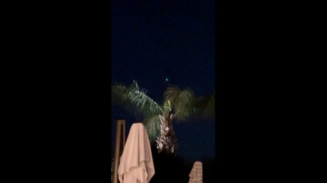 A blue-green point of light above a palm tree and patio umbrella in La Quinta.