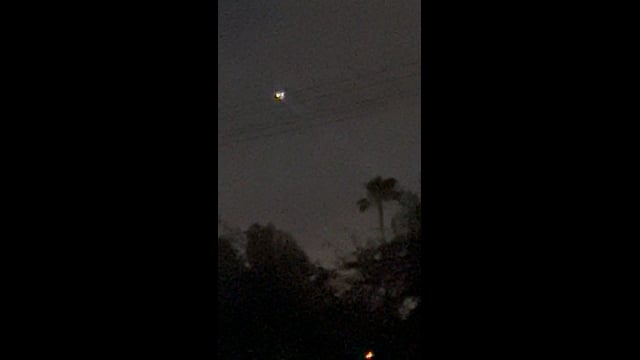 A bright light above tree silhouettes, with a smaller orange light near the bottom of the frame.