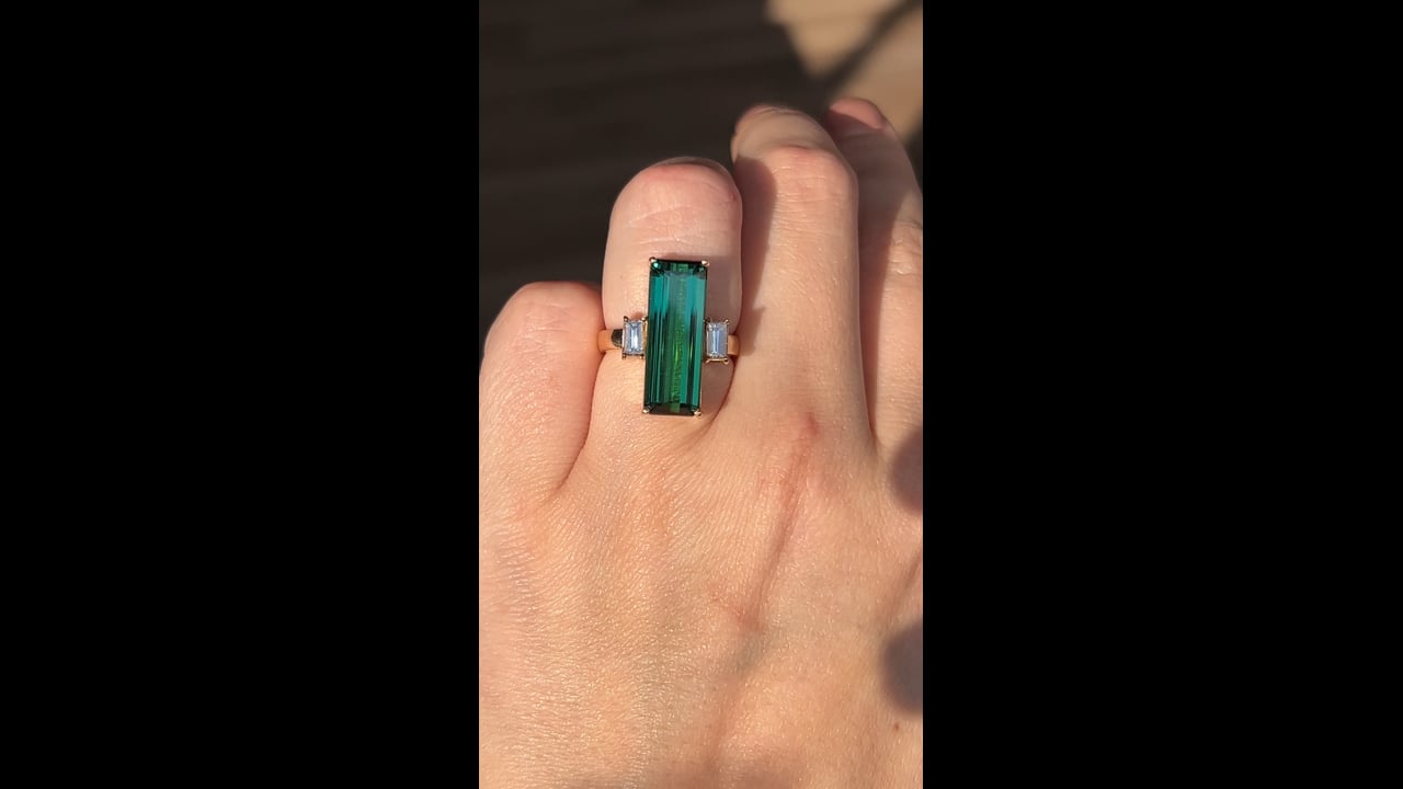 7.78 Emerald Cut Tourmaline & Diamond Ring in 14k Yellow