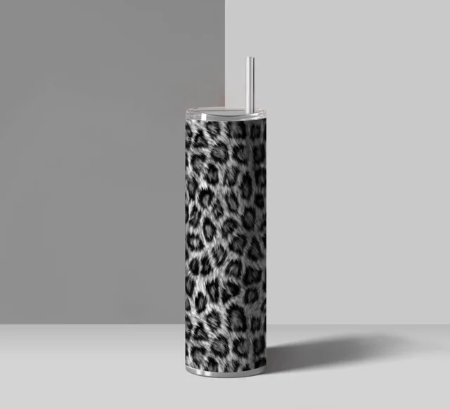 Realistic Black + White Leopard Print Faux Fur Tumbler Wrap PNG —  drypdesigns