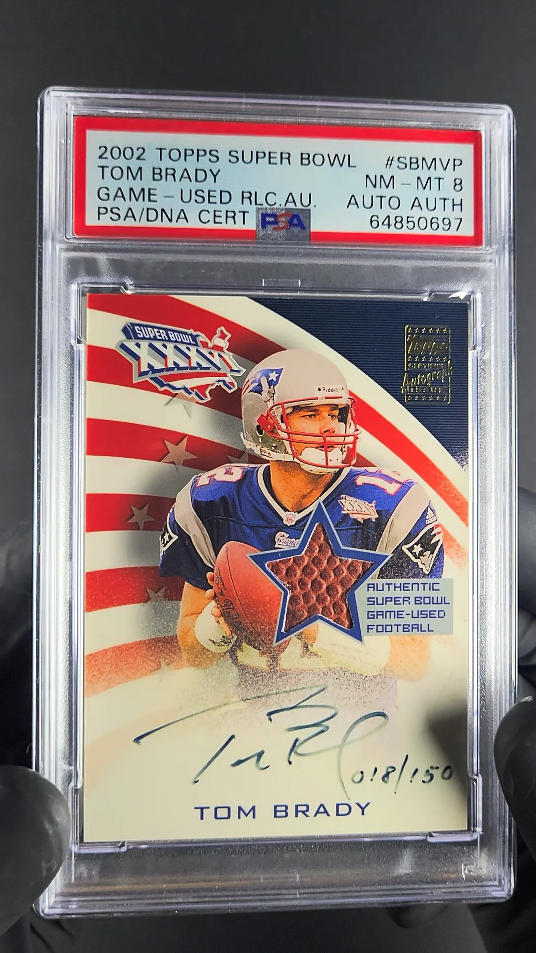 2002 Topps Super Bowl XXXVI MVP Tom Brady PATCH AUTO /150 #SBMVP PSA 8  NM-MT on Vimeo