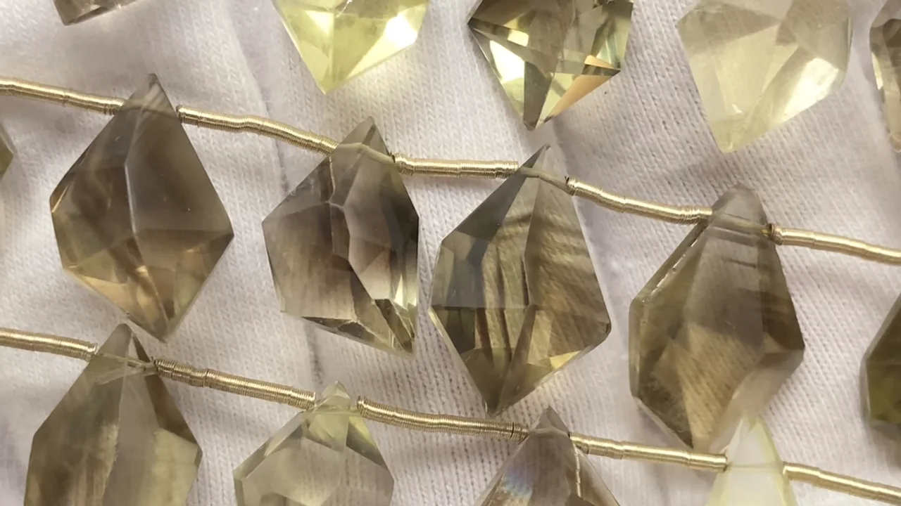 レモン×スモーキークォーツ スピンドルカット 1連｜天然石ビーズの卸