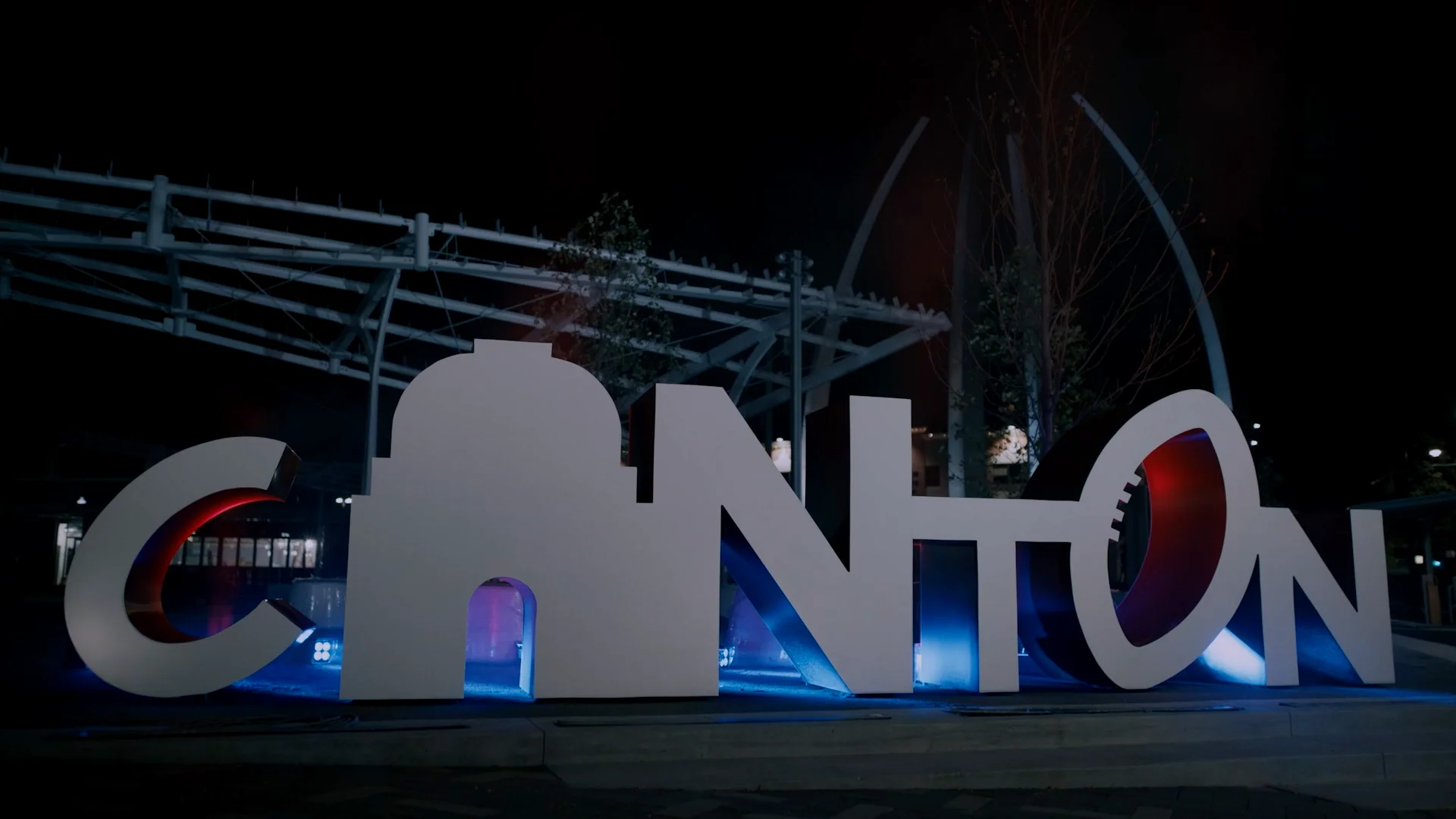 The entrance to the Pro Football Hall of Fame at Night in Canton