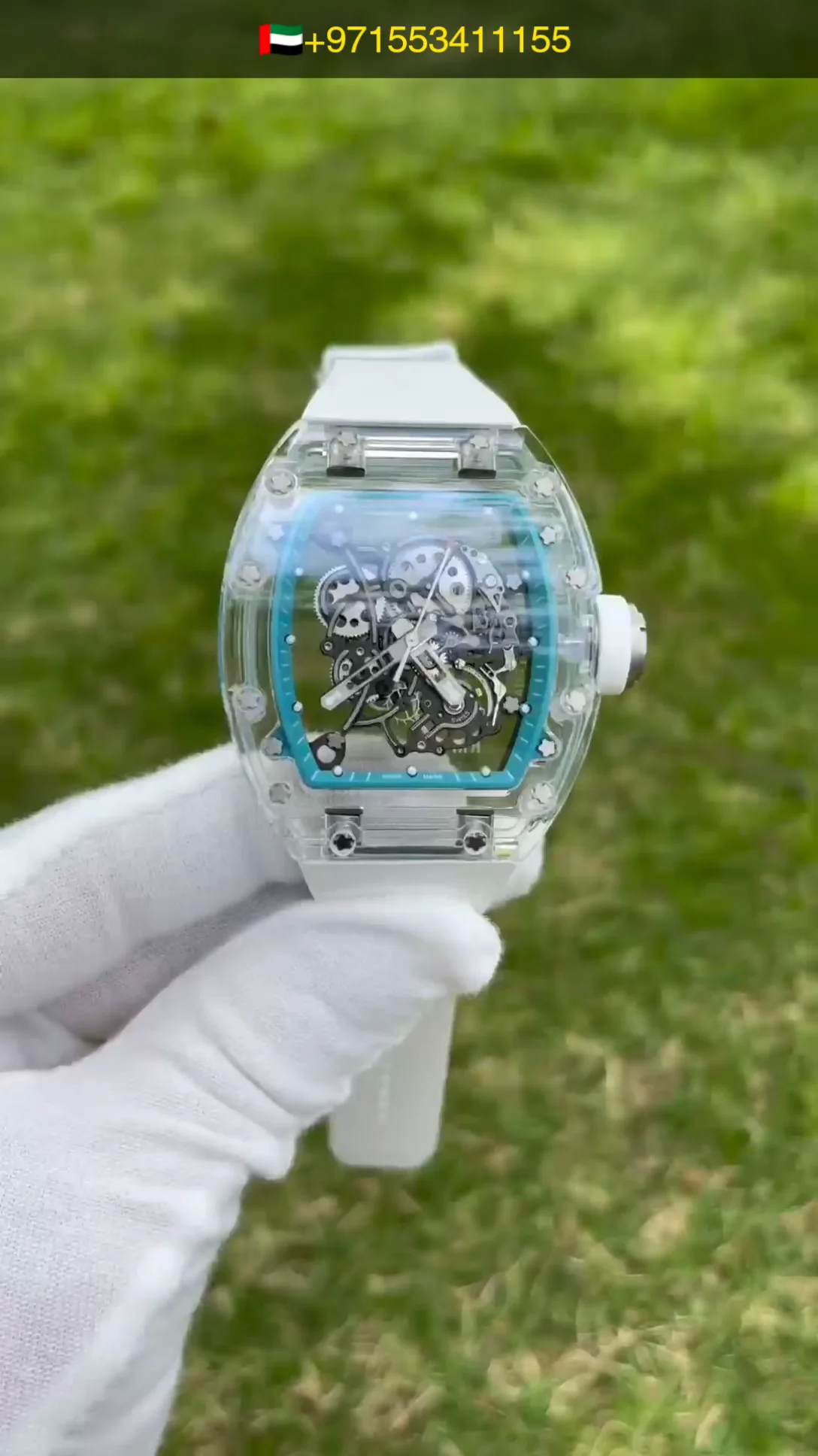 RICHARD MILLE RM55 01 RM 5501 AET Transparent Skeleton Dial on White Rubber Strapl Turquoise Dial Line