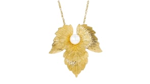 Italian 8mm Cultured Pearl Leaf Necklace in 18kt Gold Over Sterling