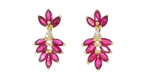 6.50 ct. t.w. Ruby and .12 ct. t.w. Diamond Leaf Earrings in 14kt Yellow Gold