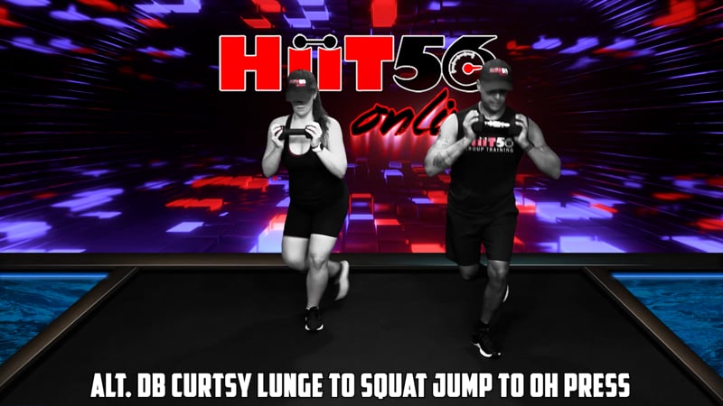 Alt. DB Curtsy Lunge to Squat Jump to OH Press