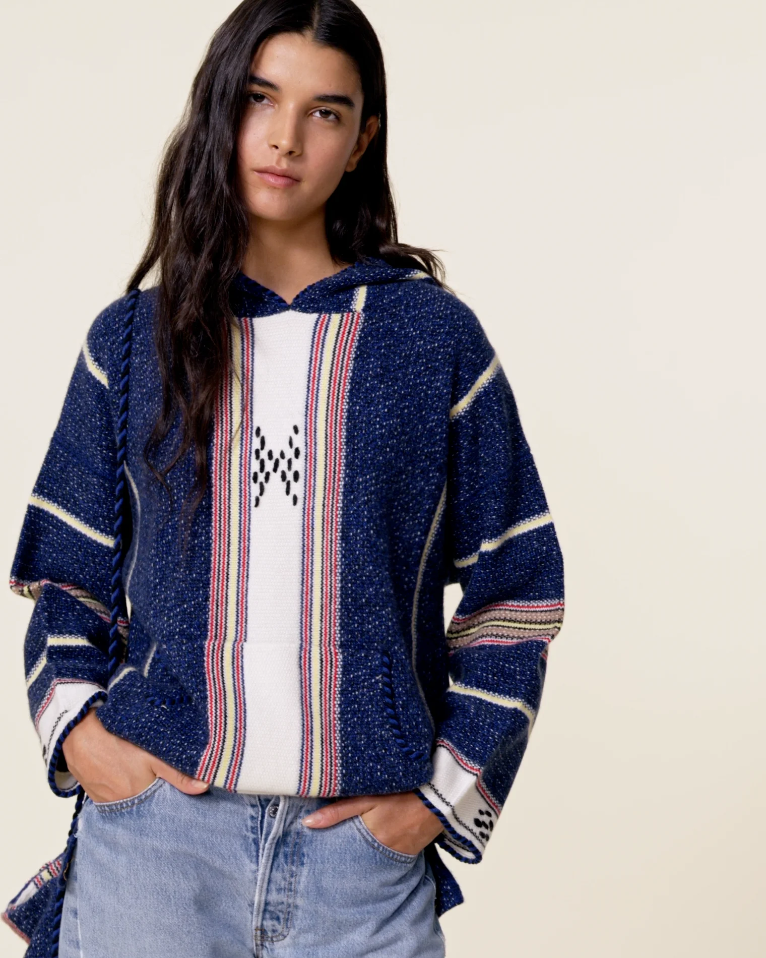 Jacquard Oversized Cashmere Hoodie, 6-threads Indigo blue