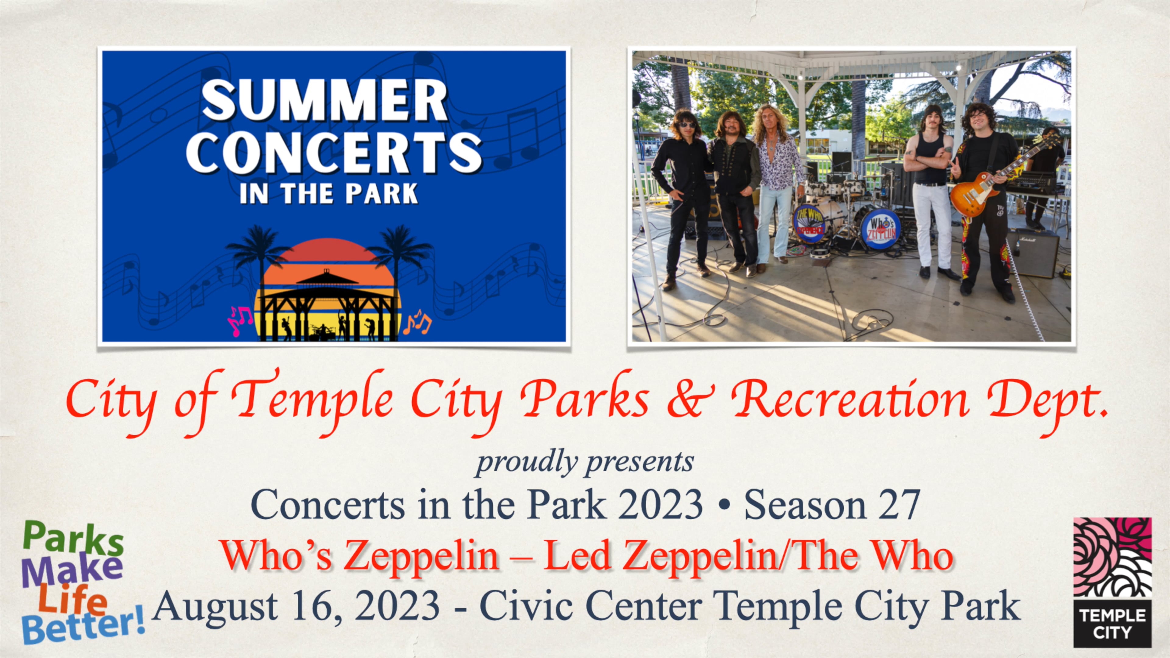 August 16, 2023 Temple City Summer Concerts in the Park The Who Led