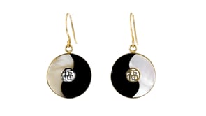 Mother-of-Pearl and Black Agate Yin-Yang Drop Earrings in 14kt Yellow Gold
