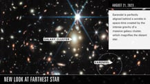 Freeze frame from video, showing space full of galaxies. Label pointing toward a glowing hazy area at the center of the image reads Galaxy Cluster. Another label at the lower right reads Earendel - object of label unclear. Text at upper right reads August 21, 2023. Earendel is perfectly aligned behind a wrinkle in space-time created by the intense gravity of a massive galaxy cluster, which magnified the distant star. Title text at lower left: New Look at Farthest Star.