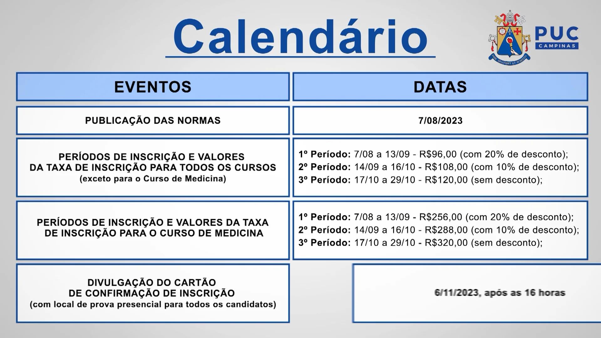 Calendário e Inscrição