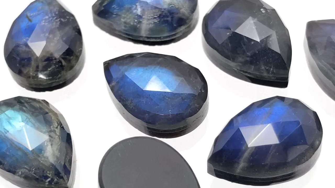 【約260g大容量高品質】ラブラドライト ペアシェイプ ファセットカット ルース 10 個、ラブラドライト ブルー フラッシーとスカイ ブルー フラッシー