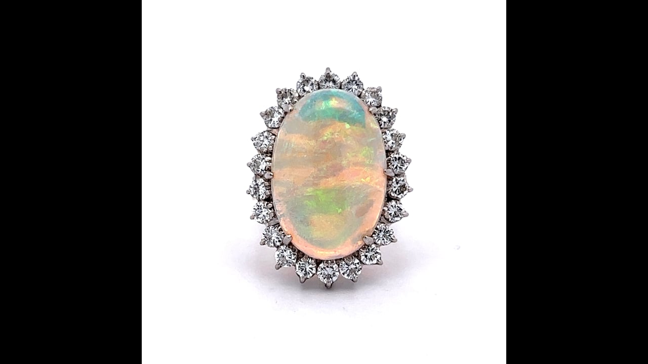 Bague Cocktail Or Blanc 14 Carats Opale Et Diamants - Taille 57 (18.1mm), 4.06g, Occasion