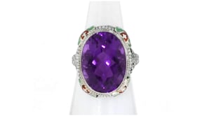 C. 1950 Vintage 14.50 Carat Amethyst and Seed Pearl Ring with Multicolored Enamel in 14kt White Gold