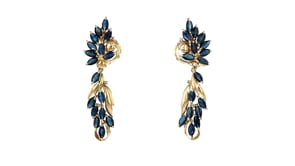 C. 1980 Vintage 6.15 ct. t.w. Sapphire Cluster Drop Earrings with Diamond Accents in 14kt Yellow Gold
