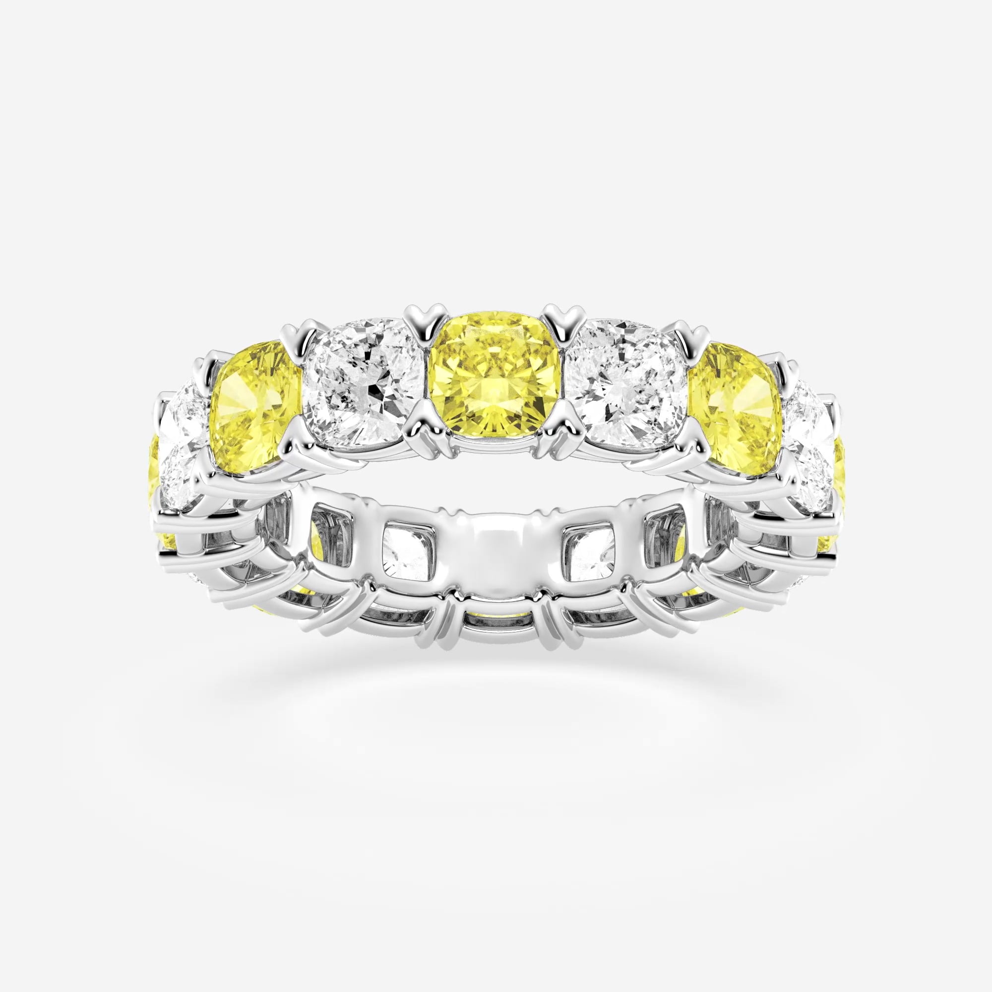product video for 7 ctw Cushion Lab Grown Diamond with Alternating Fancy Yellow V Prong Eternity Band - 4.8mm Width