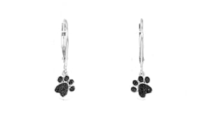 Black Diamond-Accented Paw Print Drop Earrings in Sterling Silver