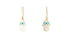 Italian 14kt Yellow Gold Evil Eye Hamsa Drop Earrings with Multicolored Enamel