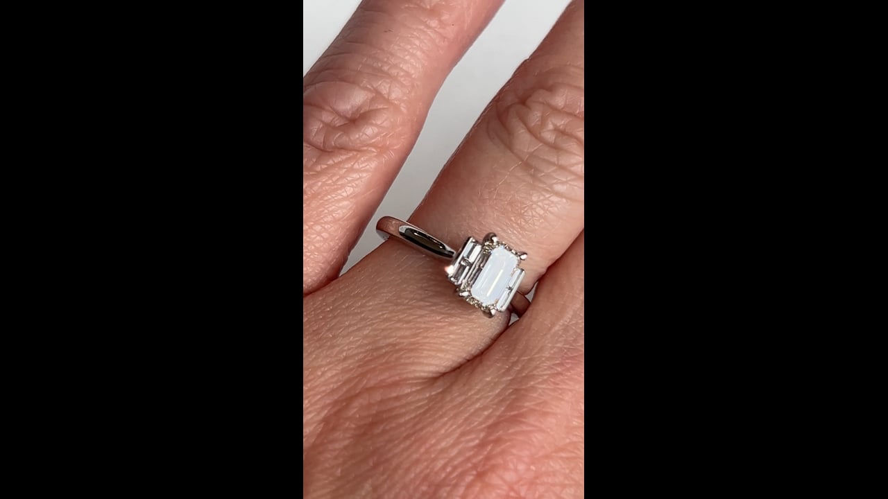 Three Stone Emerald Cut Engagement Ring in 14k White Gold