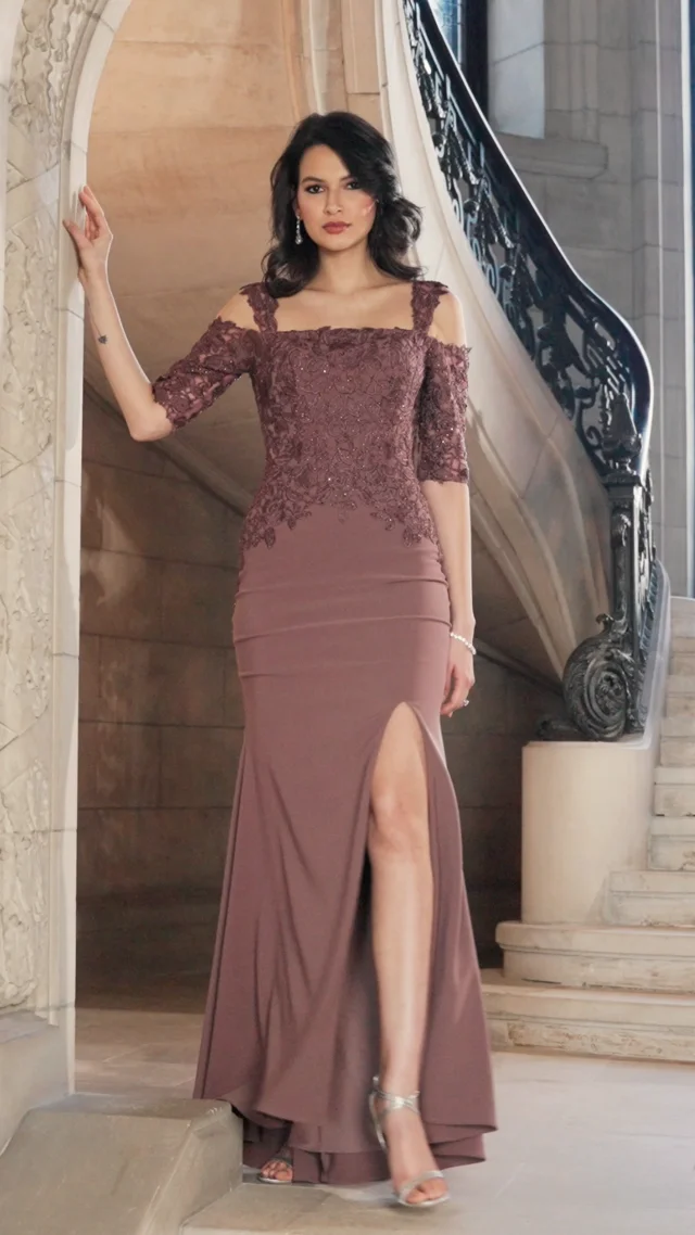 Stretch Crepe Evening Gown with Beaded Lace