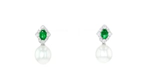 10-10.5mm Cultured South Sea Pearl Drop Earrings with .90 ct. t.w. Emeralds and .66 ct. t.w. Diamonds in 18kt White Gold