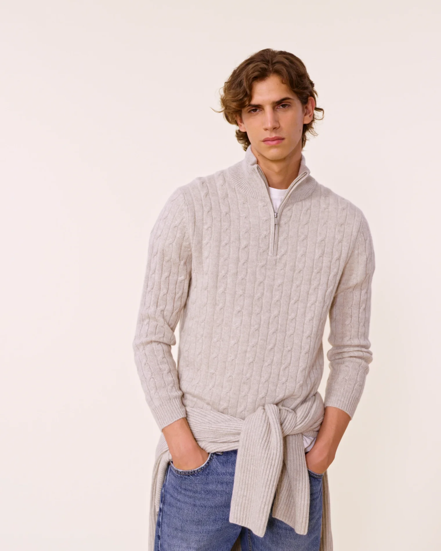 Twisted Cashmere Half Zip Sweater, 4-threads Oats white Twisted Cashmere Half Zip Sweater, 4-threads Oats white