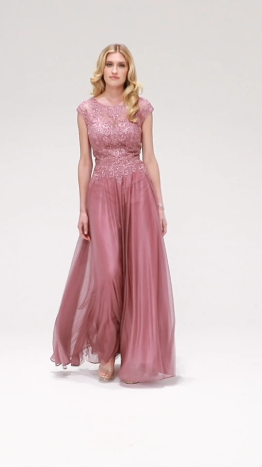 Beaded Metallic Crepe Evening Gown