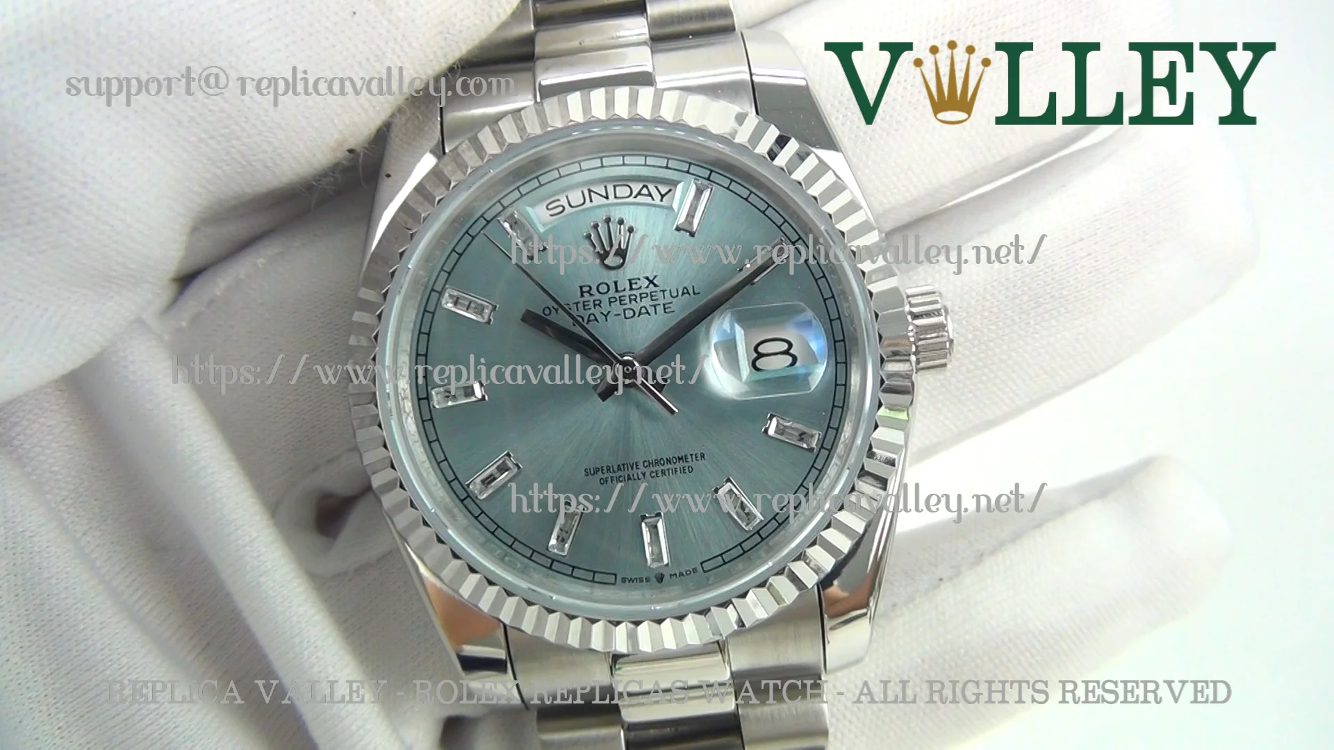 Rolex Replica Day-Date 128236 Fluted Bezel Ice-Blue Baguette Dial