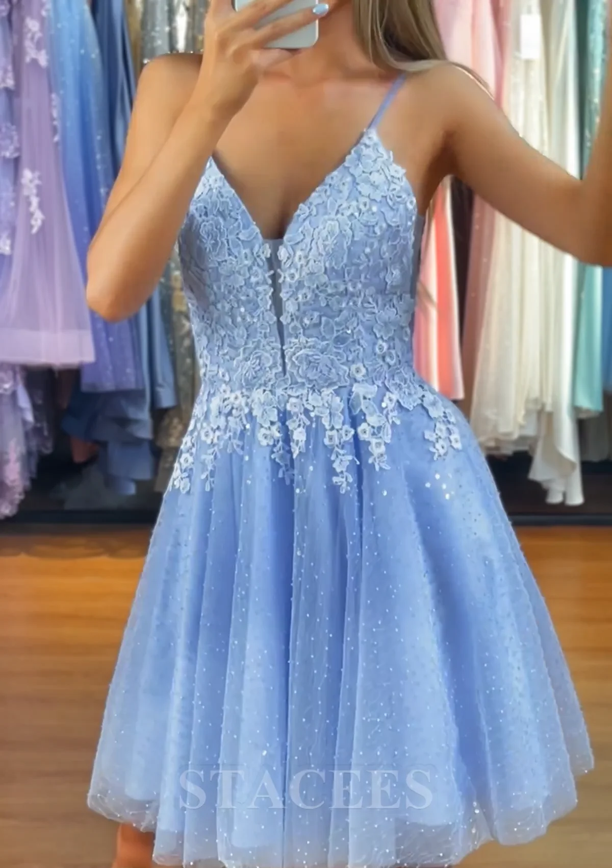 Pink Dress Lace Petite Homecoming Dresses Lovely Blue Lace V-Neckline Tulle  Party Dress, Short Prom