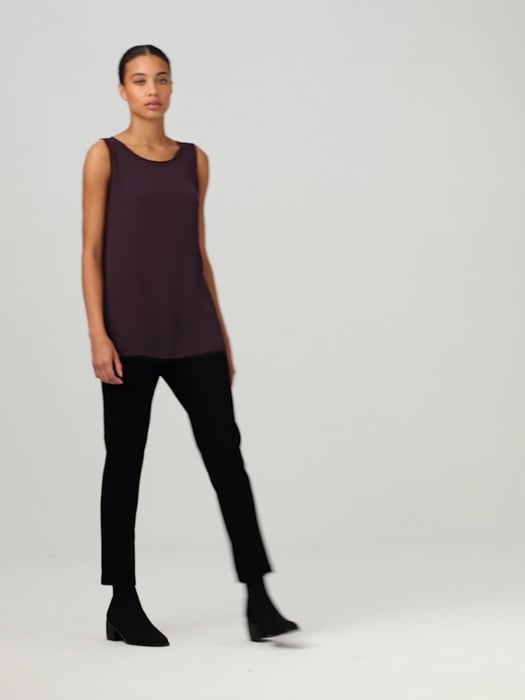 NWT Eileen Fisher Black Silk Crepe-Back Satin Scoop Neck Cami Tunic Top  Tank S