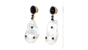 15-16mm Cultured Baroque Pearl Drop Earrings with 5.80 ct. t.w. Sapphires in 18kt Yellow Gold