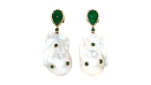 16-18mm Cultured Baroque Pearl Drop Earrings with 4.90 ct. t.w. Emeralds in 18kt Yellow Gold