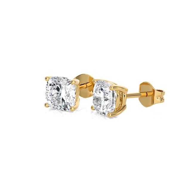 4.00 carat solitaire lab grown cushion cut diamond earrings in yellow gold