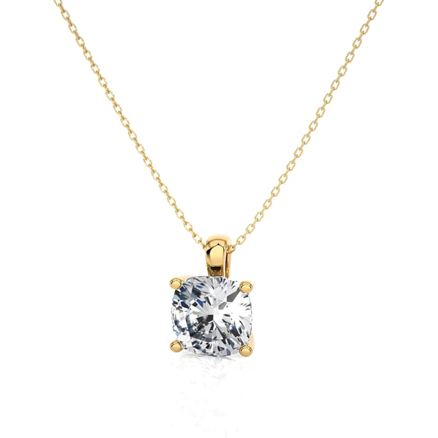 2.00 carat solitaire lab grown cushion cut diamond pendant in yellow gold