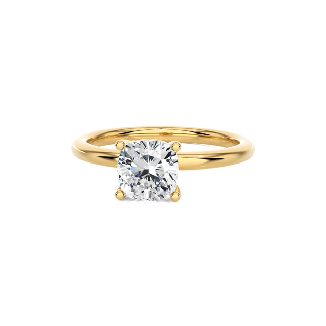 1.00 carat solitaire ring with a lab grown cushion diamond in yellow gold