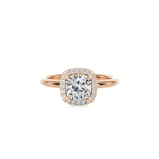 2.00 carats bague solitaire de type auréole avec un diamant synthétique coussin en or rouge avec diamants synthétiques ronds