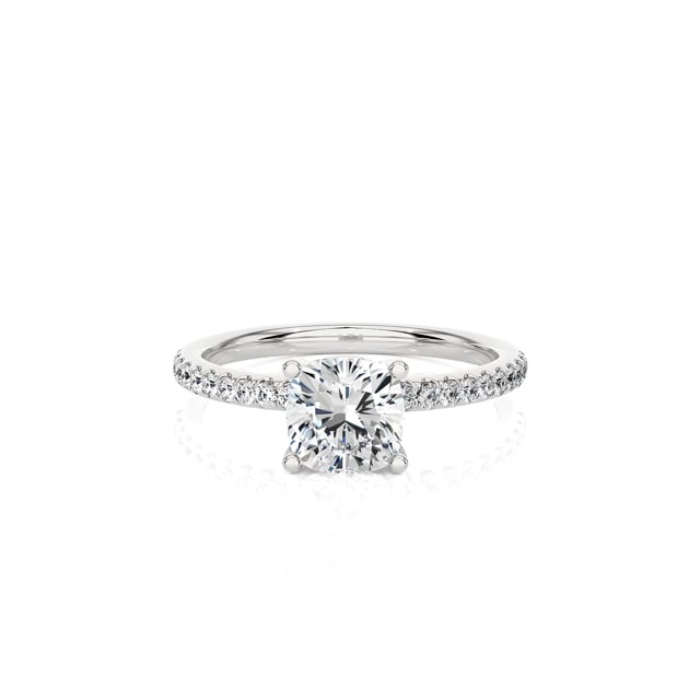 1.00 carat solitaire ring with a lab grown cushion diamond in white gold with lab grown side diamonds