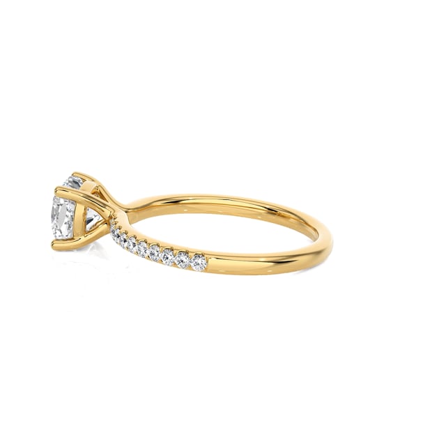 1.50 carat solitaire ring with a lab grown cushion diamond in yellow gold with lab grown side diamonds