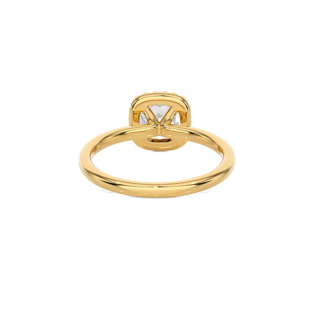 1.00 carat solitaire halo ring with a lab grown cushion diamond in yellow gold with round lab grown diamonds