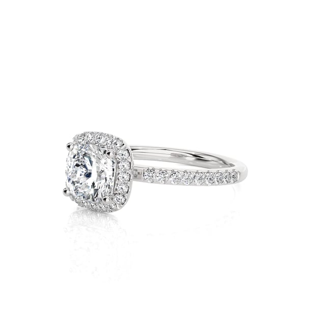 1.50 carat solitaire halo ring with a lab grown cushion diamond in white gold with round lab grown diamonds