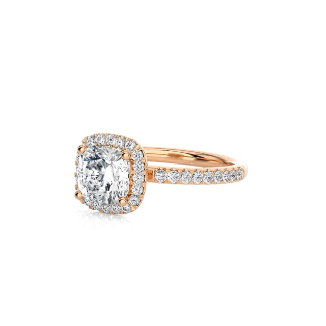 2.00 Karat Halo Solitärring mit laborgezüchtetem Diamant im Kissenschliff aus Rotgold mit runden laborgezüchteten Diamanten