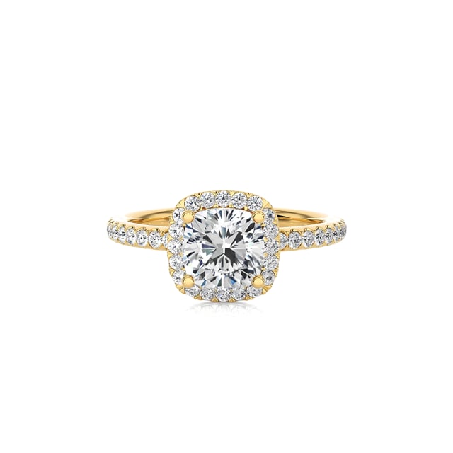 2.00 carat solitaire halo ring with a lab grown cushion diamond in yellow gold with round lab grown diamonds