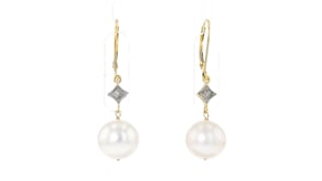 10.5-11mm Cultured Pearl Drop Earrings With Diamond Accents in 14kt Yellow Gold