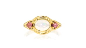 Ethiopian Opal and .40 ct. t.w. Pink Tourmaline Ring in 18kt Gold Over Sterling