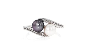6-6.5mm Black and White Cultured Button Pearl and .13 ct. t.w. Diamond Bypass Ring in Sterling Silver